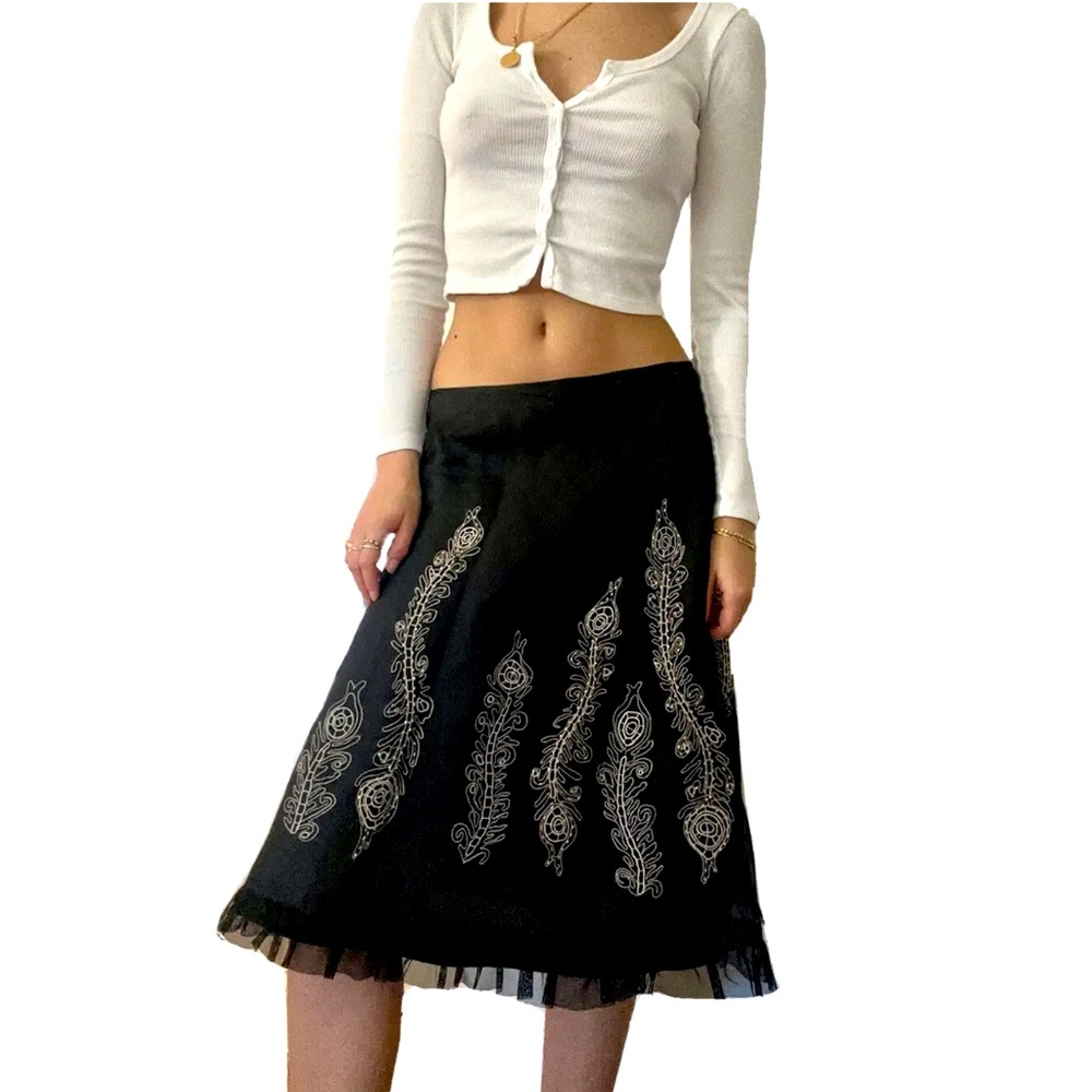 Vintage 2000s SILK Black Skirt Embroidered Ruffle Beaded Gauze Sheer Boho Y2K 6